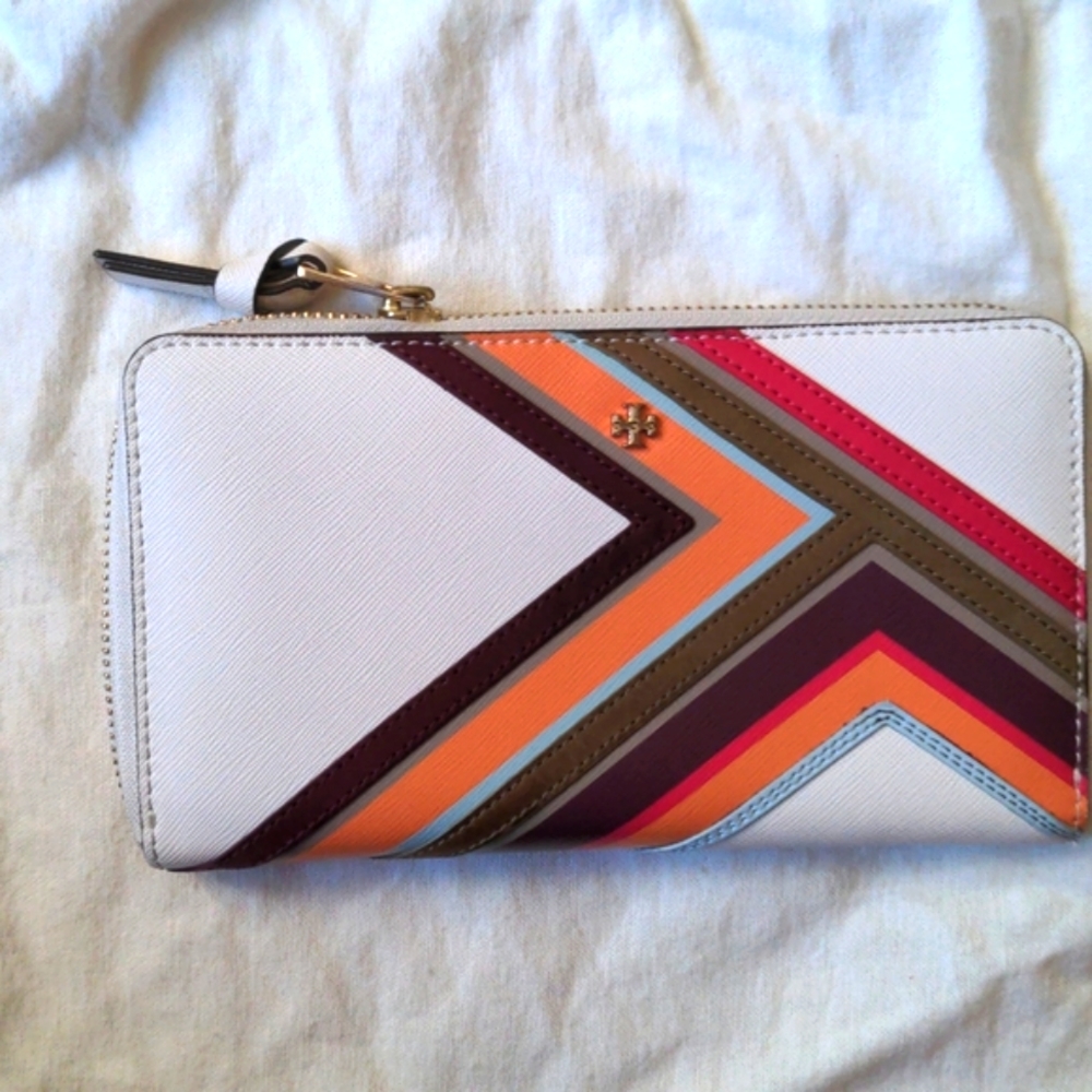 Tory Burch leather zip wallet rainbow stripe detail